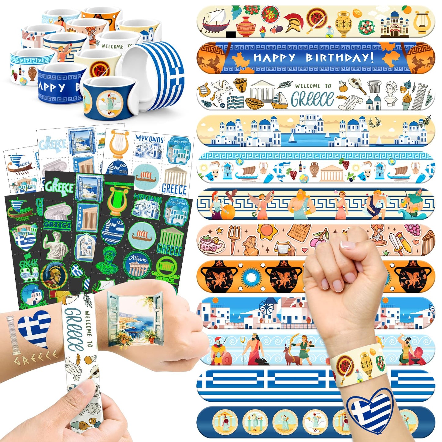 96 PCS Greek Mythology Party Favors Set – 72 Pre-Cut Temporary Tattoos & 24 Slap Bracelets, Perfect for Cultural Festivals & Travel-Inspired Celebrations