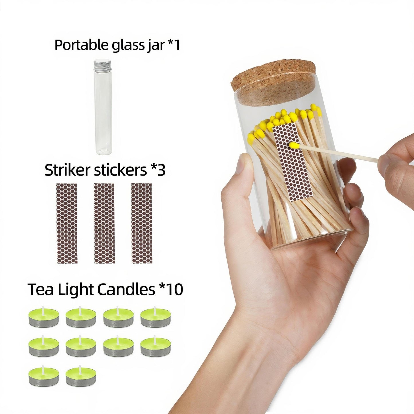 Meya Luxury Colored Safety Matches | 4-Inch Long Matches in Glass Jar | Perfect for Lighting Candles | 150 PIECES | 10 CANDLES AND EXTRA EMPTY JAR GIFT (YELLOW)