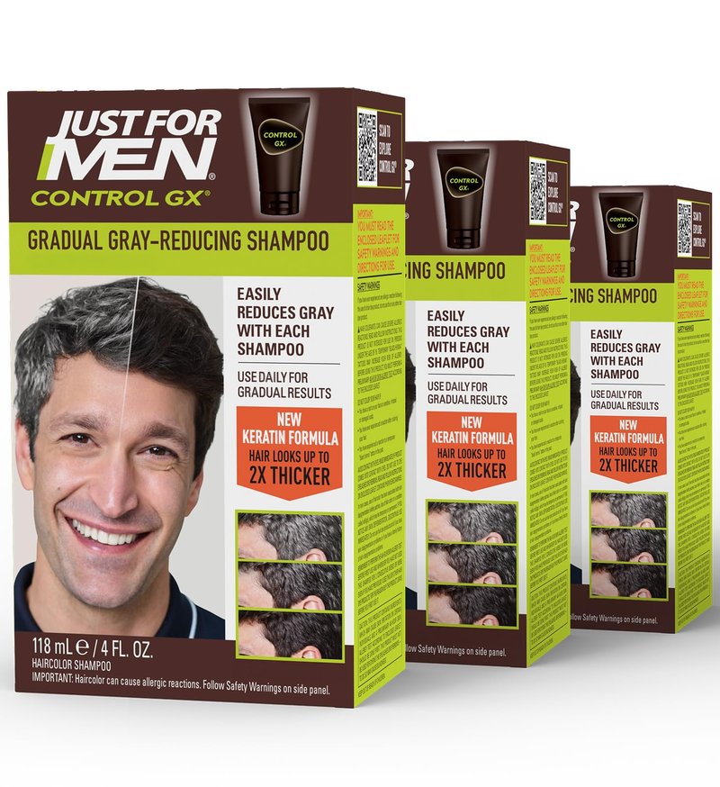 Just for Men Control GX Grey Reducing Shampoo, Gradual Color with Keratin for Stronger Thicker and Healthier Looking, 4 Fl Oz - Pack of 3