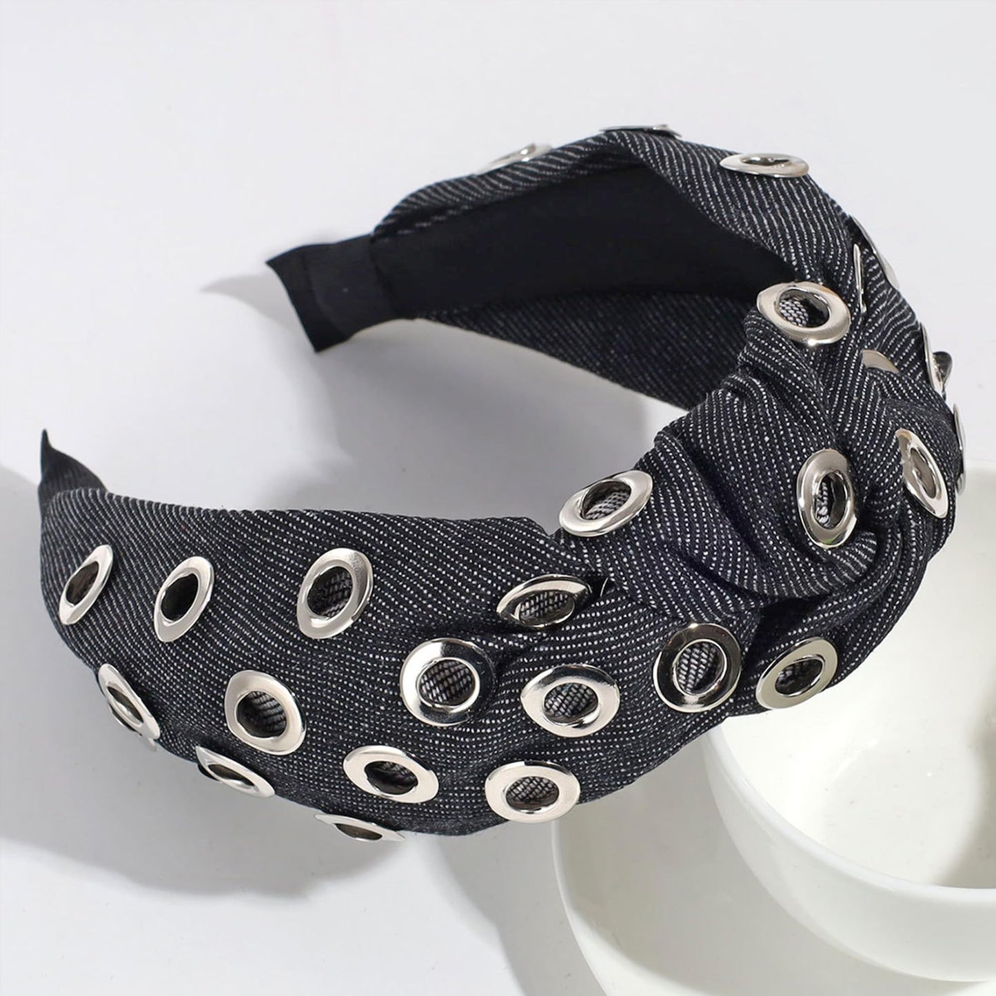 FANSSYA 3-Piece Black Punk Headband Set for Women | Braided Faux Leather, Studded & Denim Knotted Hairbands | Y2K Gothic Grunge Hair Accessories Collection