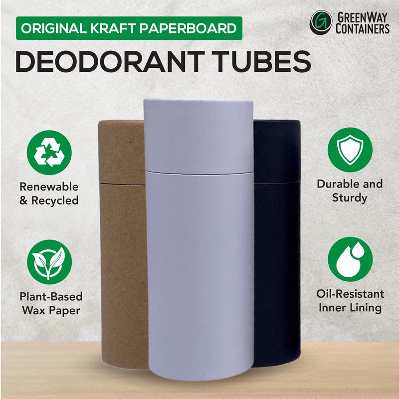 GreenWay 2.5oz / 70g Kraft Paperboard Deodorant Tubes with Lids - 25 Pack Solid Perfume Tubes Refillable DIY Cosmetic Containers - Brown