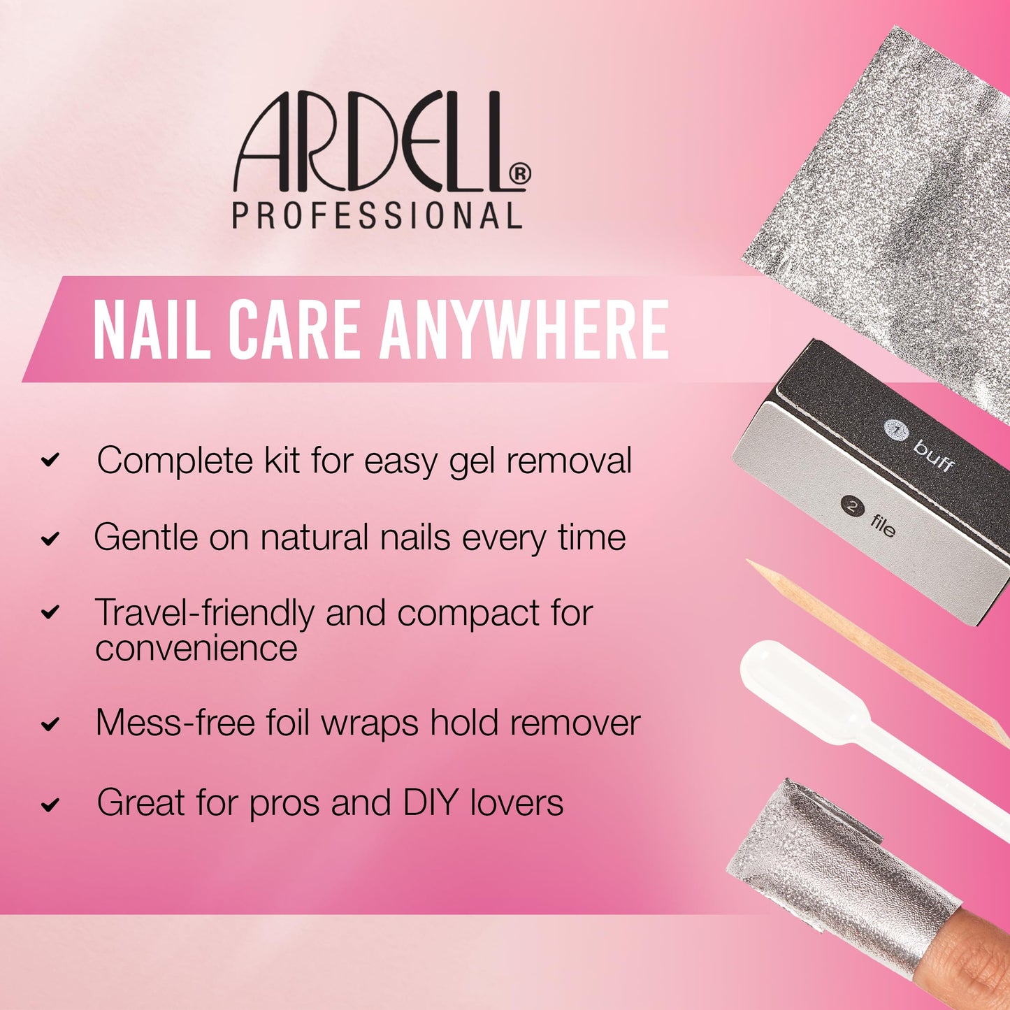 Ardell Gel Nail Polish Remover Kit – Easy At-Home Soak Off Gel for Nails with Foil Nail Wraps, Buffer, Dropper & Stick, 20 Nail Foil Wraps