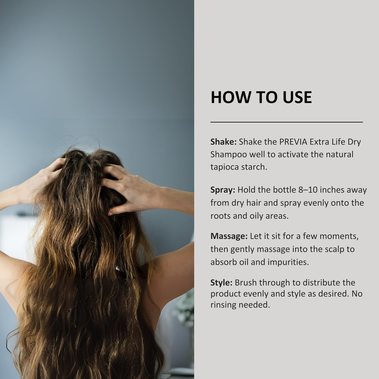 PREVIA Extra Life Dry Shampoo | Instant Scalp Refresh with Natural Tapioca Starch | Absorbs Excess Oil & Impurities | Fruity, Fresh, Woody Fragrance | Vegan Haircare for All Hair Types | 6.76 oz