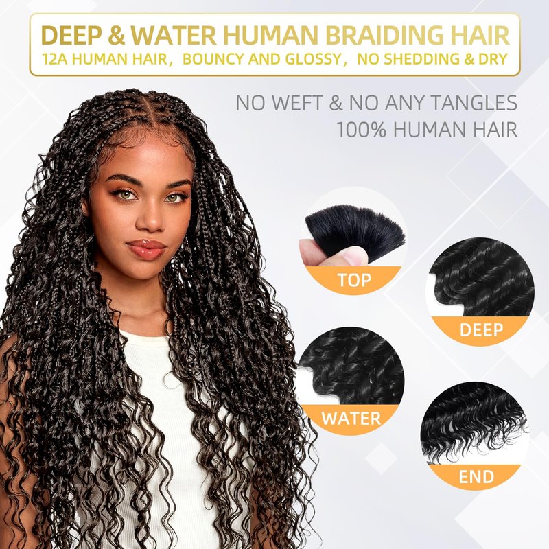 Human Braiding Hair for Boho Braids 100g 20 Inch Deep Wave Bulk Human Hair 100% Unprocessed 12A Brazilian Virgin Boho Hair for Braiding Knotless 2 Bundles/Pack Natural Color