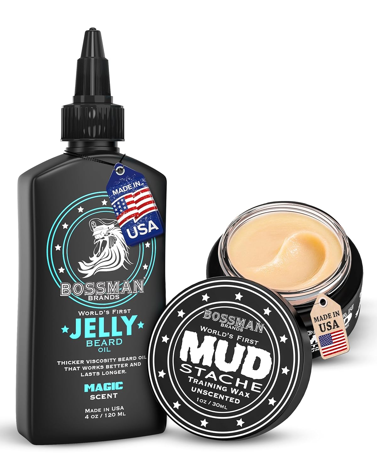 Bossman Jelly Beard Oil & Mustache Wax Bundle | Natural Organic Grooming Products for Men - 4 oz & 1 oz