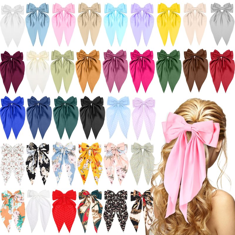 Mimorou 36 Pcs Big Hair Bows for Women Silky Satin Hair Bows Bulk Oversized Long Tail Black White Hair Bow Large Hair Ribbons Hair Clips Barrettes Large Metal Clips Bowknot Hair Accessories Gift