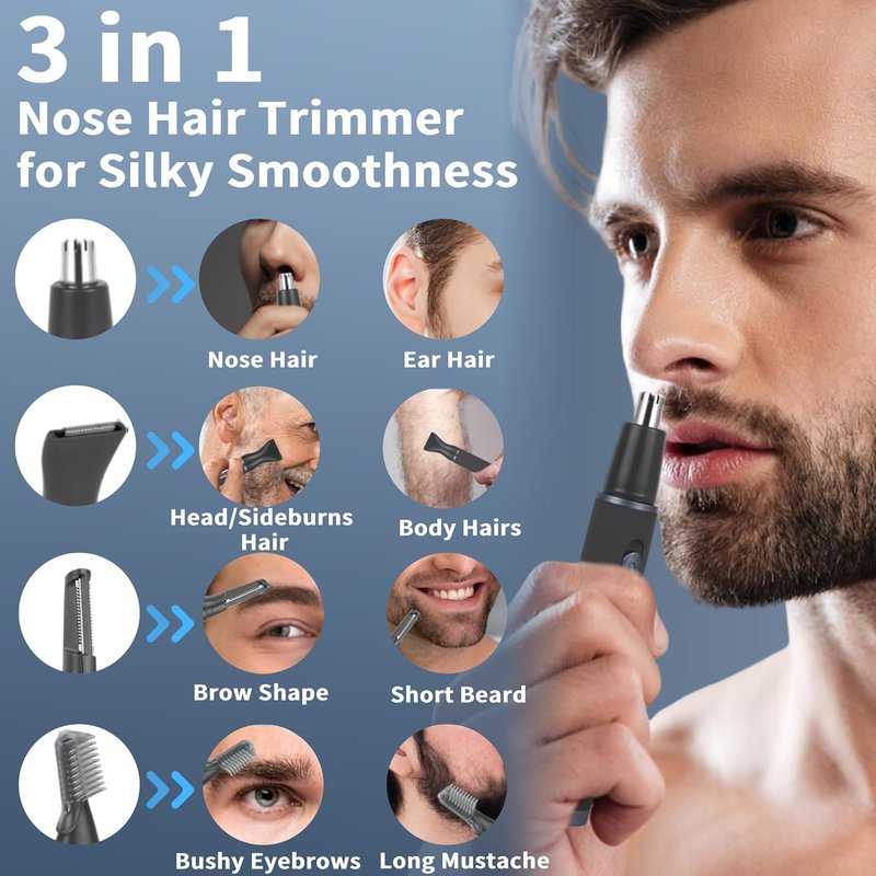 Nose Hair Trimmer for Men - Painless 3-in-1 Grooming Kit with Rechargeable Waterproof Heads | Easy Ear, Eyebrow & Body Hair Removal