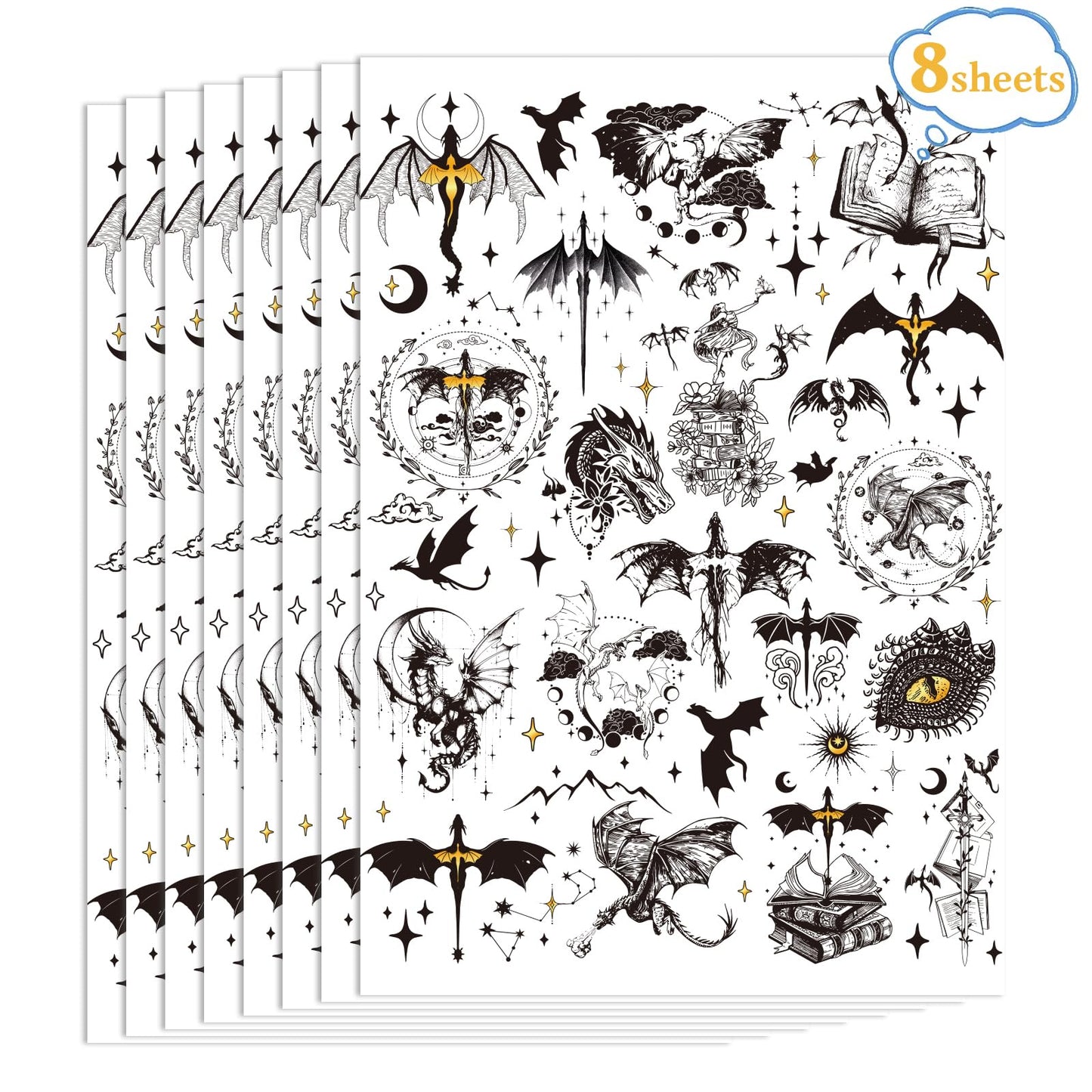 Black Wings Dragon Temporary Tattoos - 200+ Dragon Birthday Party Decorations Favors Supplies Dark Mysterious Ancient Animals Tattoo Stickers for Kids Boys Girls Dragons Goodie Bags Fillers Gifts