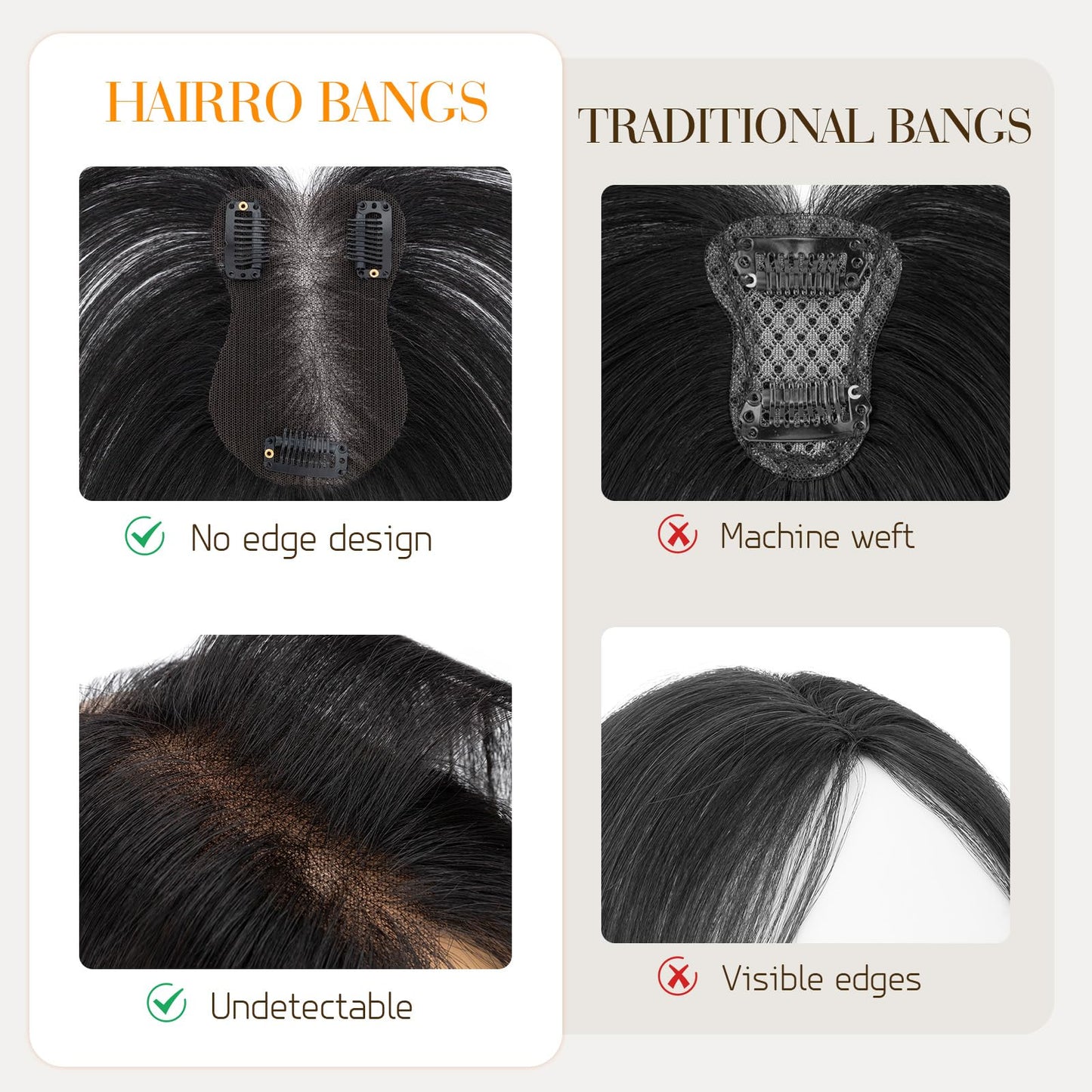 Hairro Human Hair Toppers For Women No Bang Middle Part Side Bangs Hair Clip Wispy Thin Short Wiglet Hairpieces 11 Inches 14g #1B Natural Black