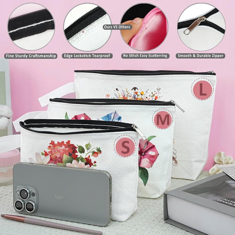 Koolmox 20 Pack 12Oz Blank Makeup Bags with Bottom and Strap, Multi-purpose Large Canvas Zipper Toiletry Organization Pouch Blank Bag for HTV Crafts (White Bag w/Black Zipper, L, 12.2x7.4x 2.7'')