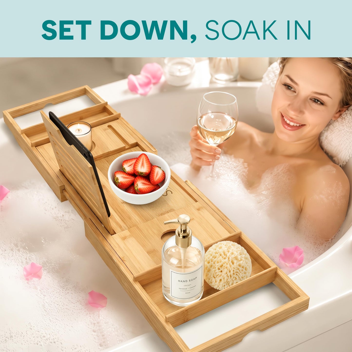 SereneLife Bath Caddy Breakfast Tray Combo - Natural Bamboo Wood Waterproof Tub and Bed with Folding Slide-Out Arms, Device Grooves, Wine Glass Soap Holder