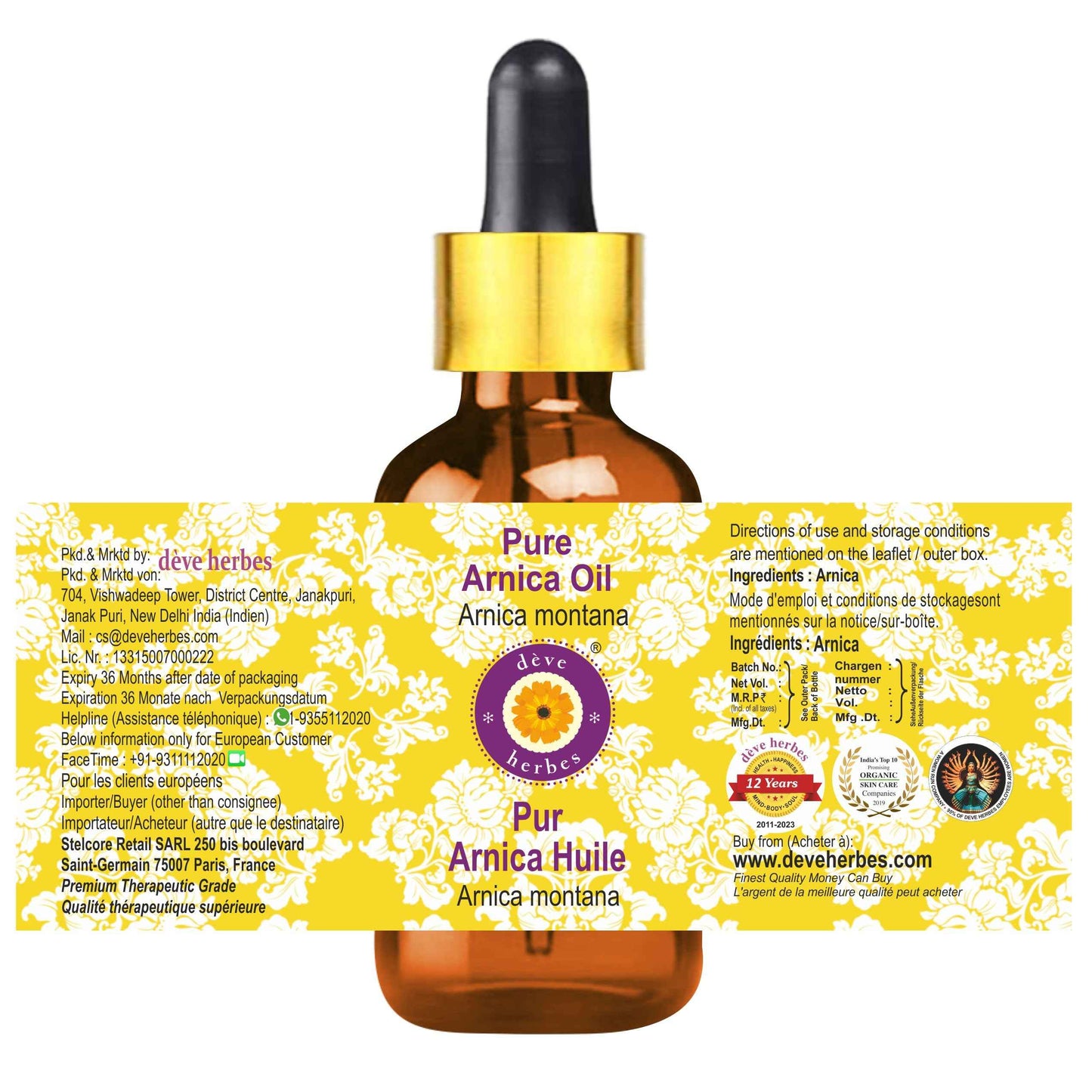 Deve Herbes Arnica Oil (Arnica Montana) with Glass Dropper | Infused | Pure | Non-Sticky | Lightweight | For Facial Care | Men & Women | 100ml (3.38 oz)