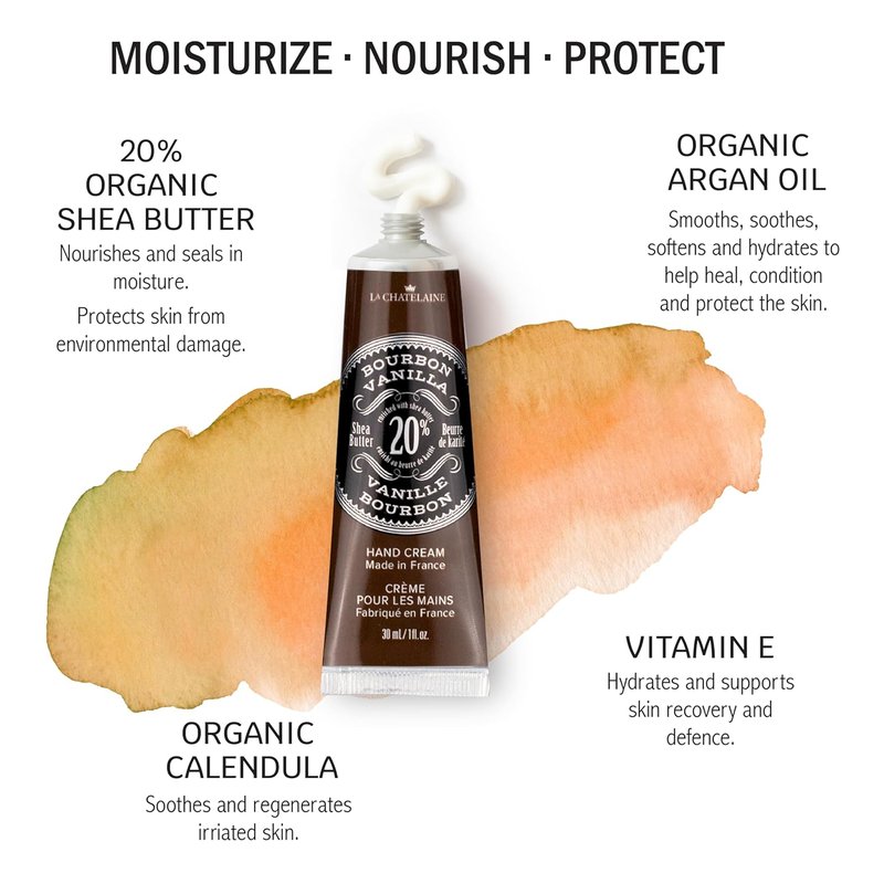 La Chatelaine 20% Shea Butter Hand Cream - Organic Argan Oil, Moisturizing Lotion | Travel Size 1 oz / 30ml (Bourbon Vanilla)