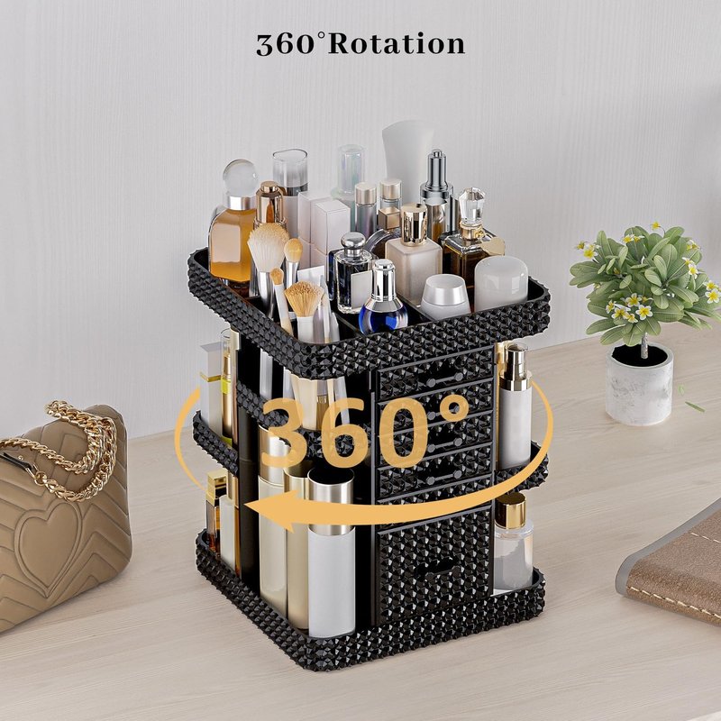 360 Rotating Makeup Organizer - Large Clear Acrylic Vanity Storage with 6 Drawers | Adjustable Spinning Cosmetic & Perfume Holder (Black)