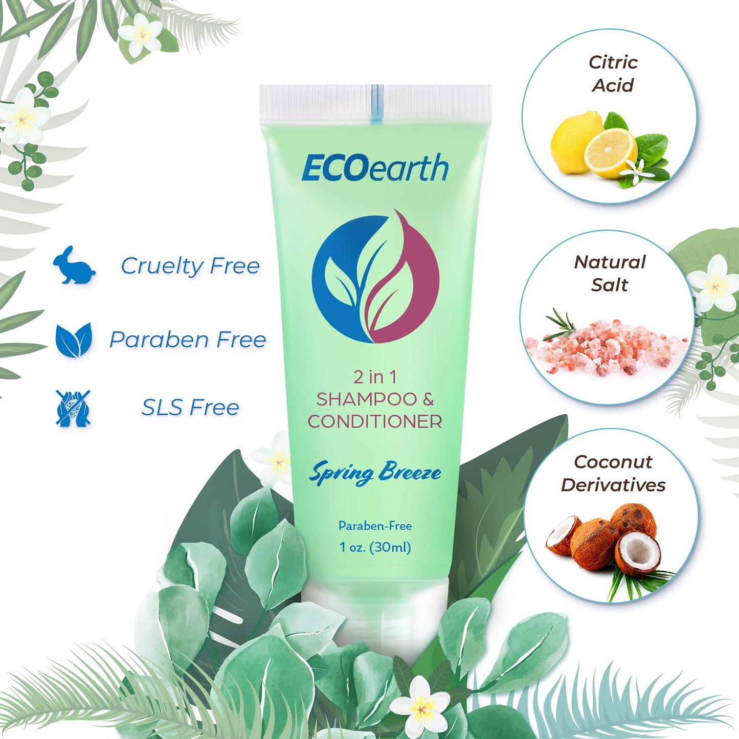 EcoEarth Round Soap Bars, 2in1 Shampoo & Conditioner 2-Piece Set (Spring Breeze, 1 oz each, 100 pc), Delight Your Guests with Revitalizing & Refreshing Hotel Toiletries & Hotel Amenities