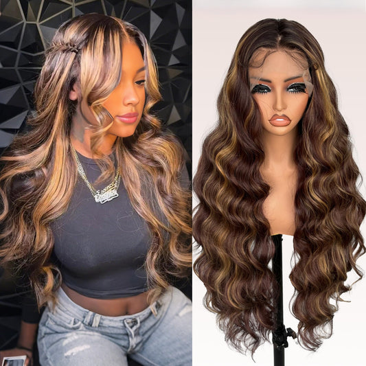 Honey Brown Lace Front Synthetic Wig For women 30 Inch Body Wave 13x4 Lace Front Ombre Brown Highlight wig Heat Resistant Transparent Pre Plucked Hairline with baby hair wig (1B/27/613)