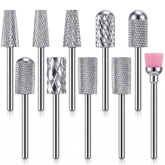 Honoson 10 Pcs Nail Drill Bits Set, 3/32 Inch Cuticle Tungsten Carbide Bit for Nail Drill Nails, File Remove Acrylic Gel Polish Manicure Pedicure Tool for Salon Home Supplies(Silver)