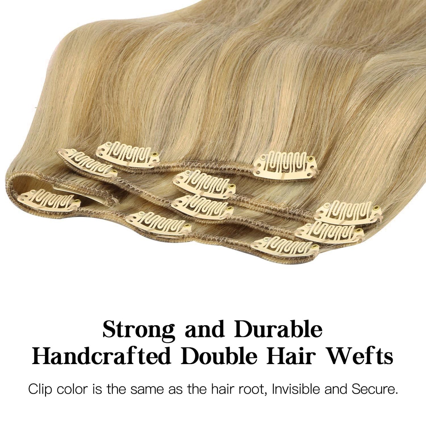 HOTBANANA Human Hair Clip in Hair Extensions, Balayage Light Blonde Highlighted Golden Blonde (Ash Tone) 120g Clip in Hair Extensions Real Human Hair Straight Remy 14 Inch 7pcs