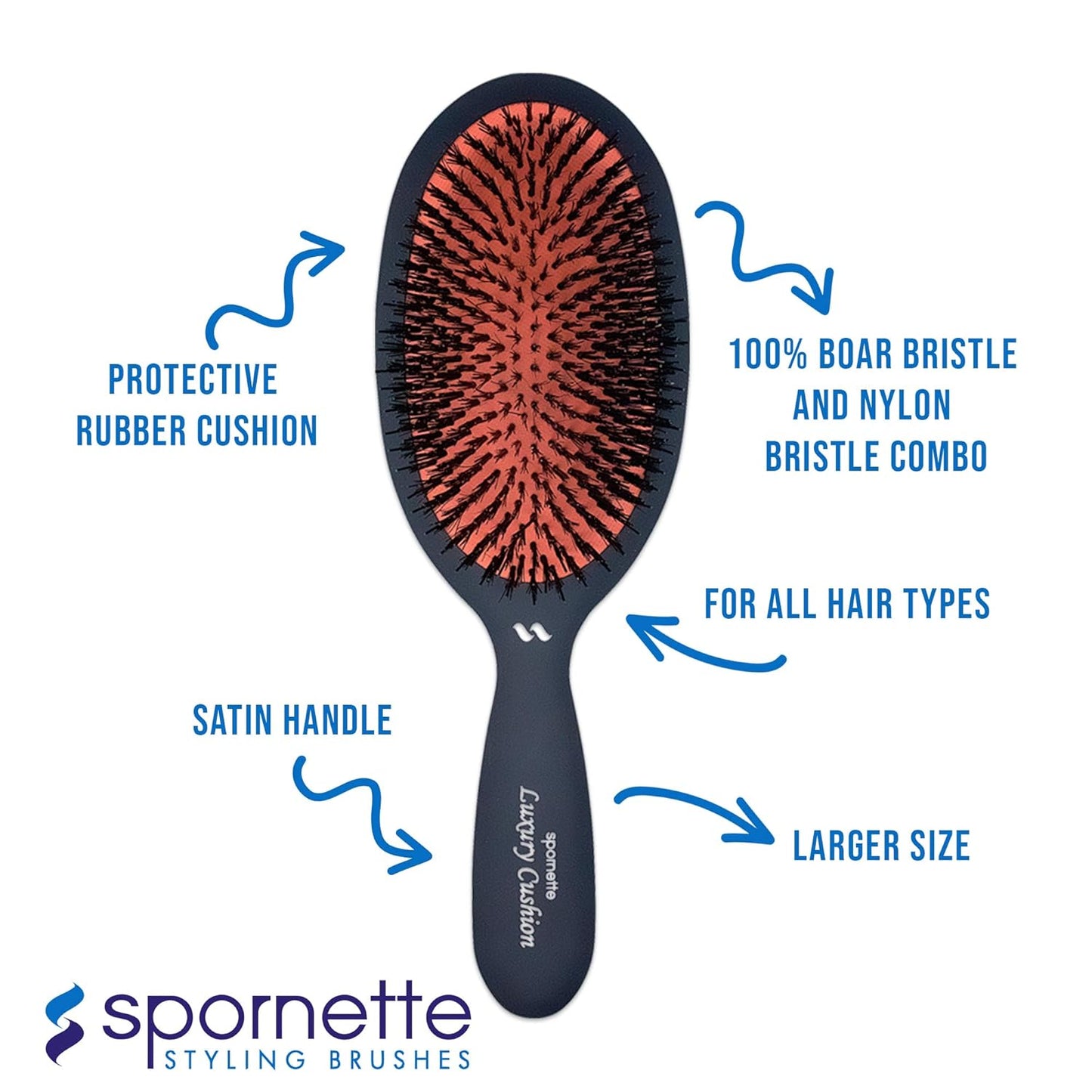 Spornette Boar Bristle Hair Brush - Small Oval Vented Cushion Brush for Styling | Reduces Breakage, All Hair Types