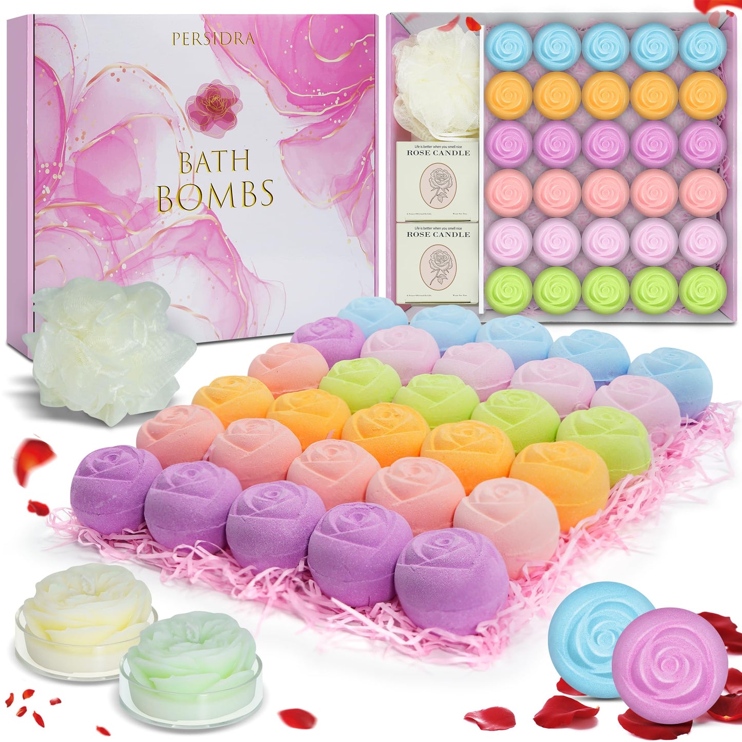 Bath Bombs for Women - 30 Pcs Handmade Natural Essential Oils Rose Bath Bombs with Scented Candles, Home Spa Fizzies Bubble Bath , Birthday Gifts for Women Her Self Care Gifts for Mom Wife (30)