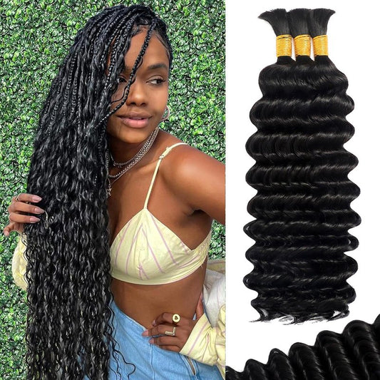 Human Braiding Hair for Boho Braids 110g Deep Wave Boho Bulk Human Hair for Braiding Knotless 12A Wet and Wavy Bohemian 3 No Weft Bundles/Pack Curly Braids Natural Color 14 Inch