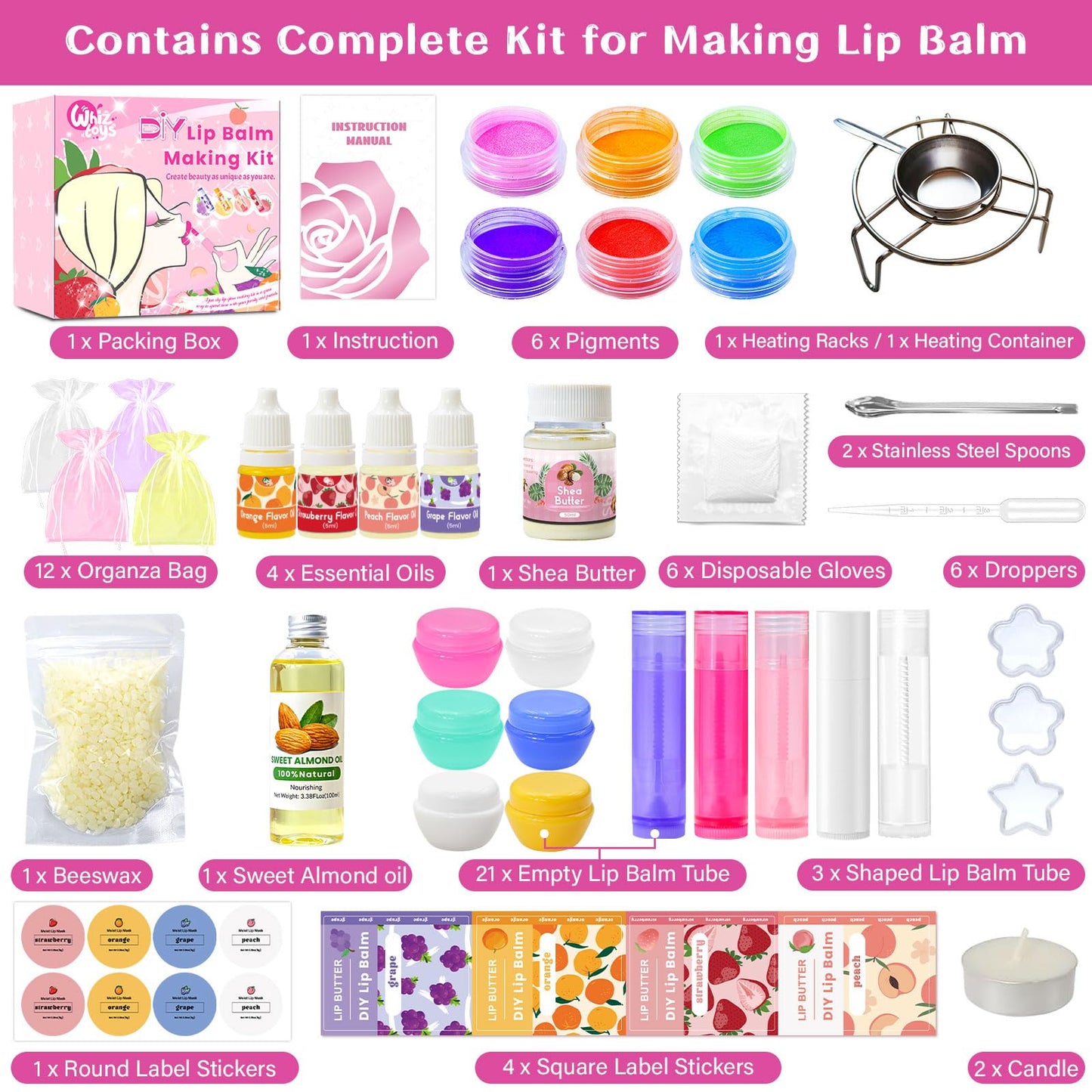 WhizToys DIY Lip Balm Making Kit Teen Girl Gifts Trendy Stuff Make Your Own Lip Gloss Set with Natural Beeswax, Shea Butter,Sweet Almond Oil,24 PCS Lip Blam Containers