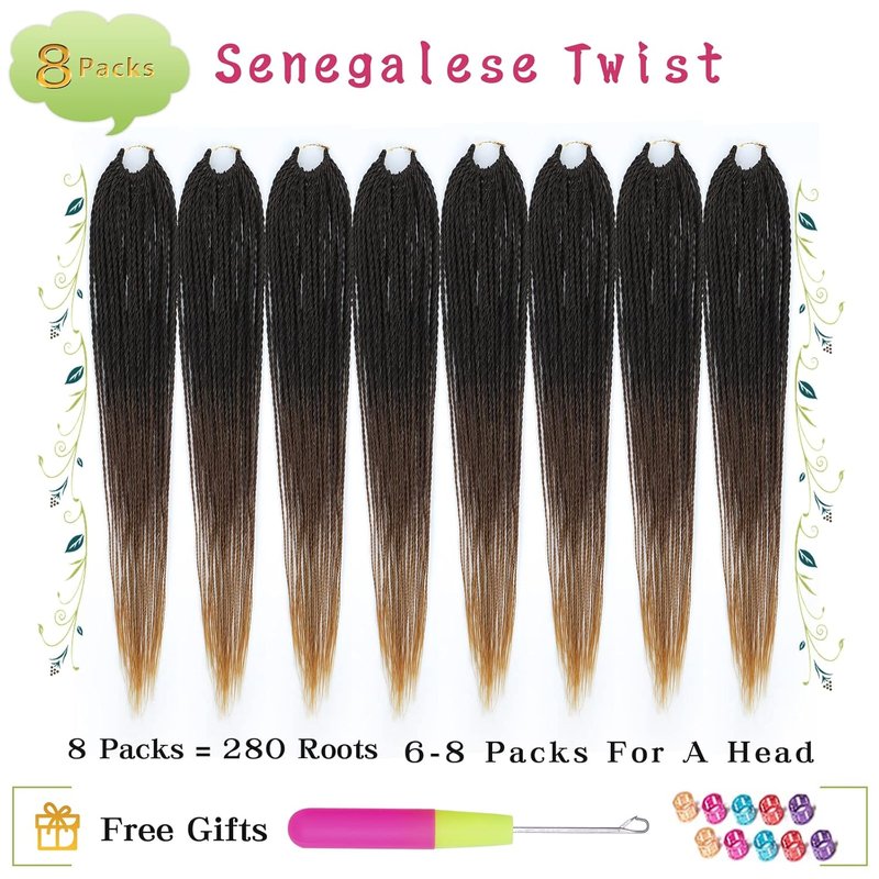 Senegalese Twist Crochet Hair - 8 Packs Ombre Pre-Looped Braids for Black Women | 18 Inch, 1B/30/27