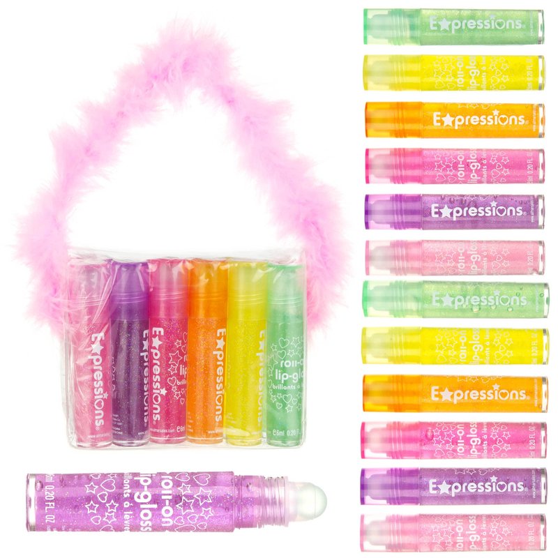 EXPRESSIONS 12pc Roll-On Lip Gloss Set with Marabou Handle & Carrying Case – Assorted Fruity Flavors | Non-Toxic Kid-Friendly Glossy Lip Makeup | Fun Gift Set for Kids & Teens – So Glam