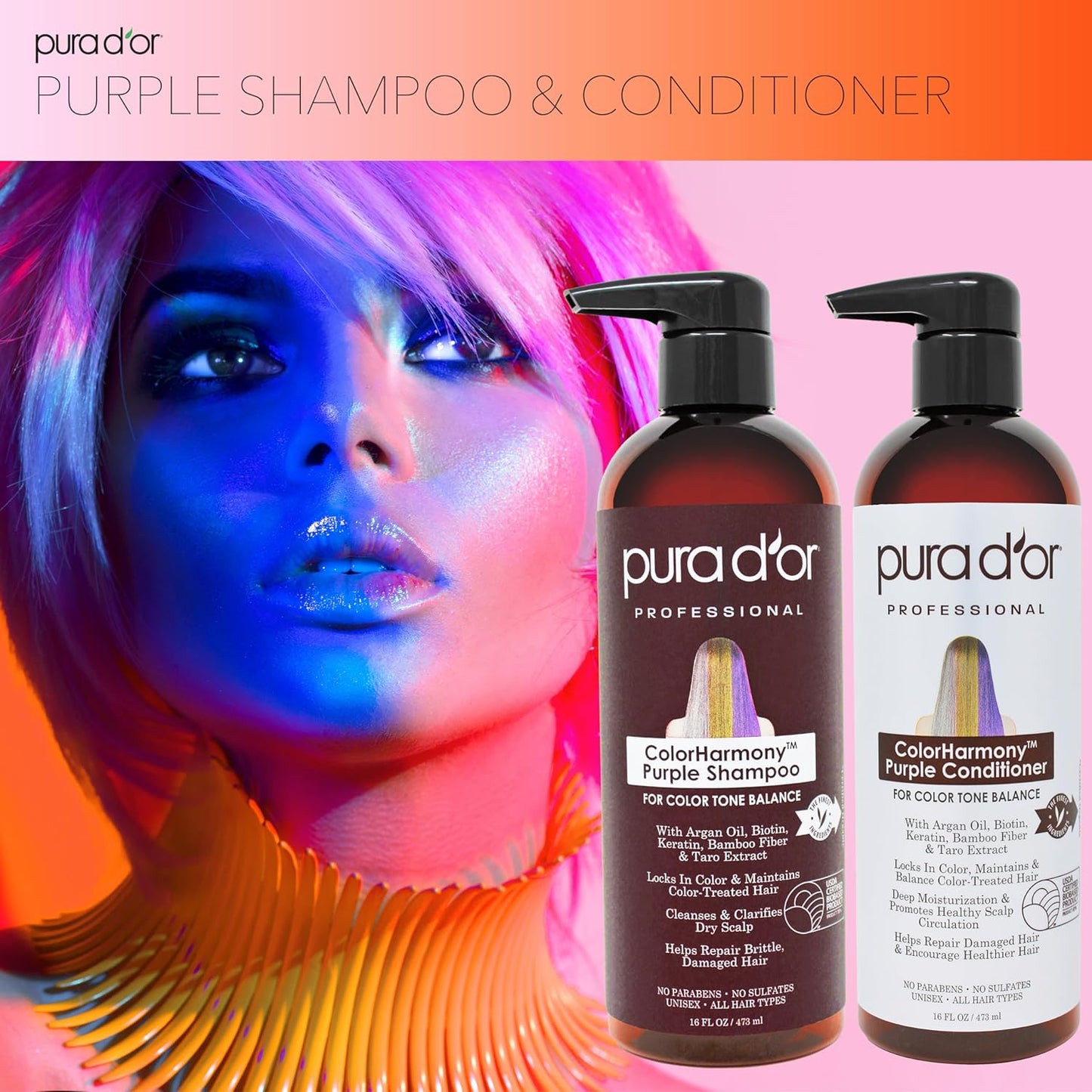 PURA D'OR Purple Shampoo & Conditioner Set - Biotin Formula for Bleached, Blonde & Silver Hair | 16oz Each