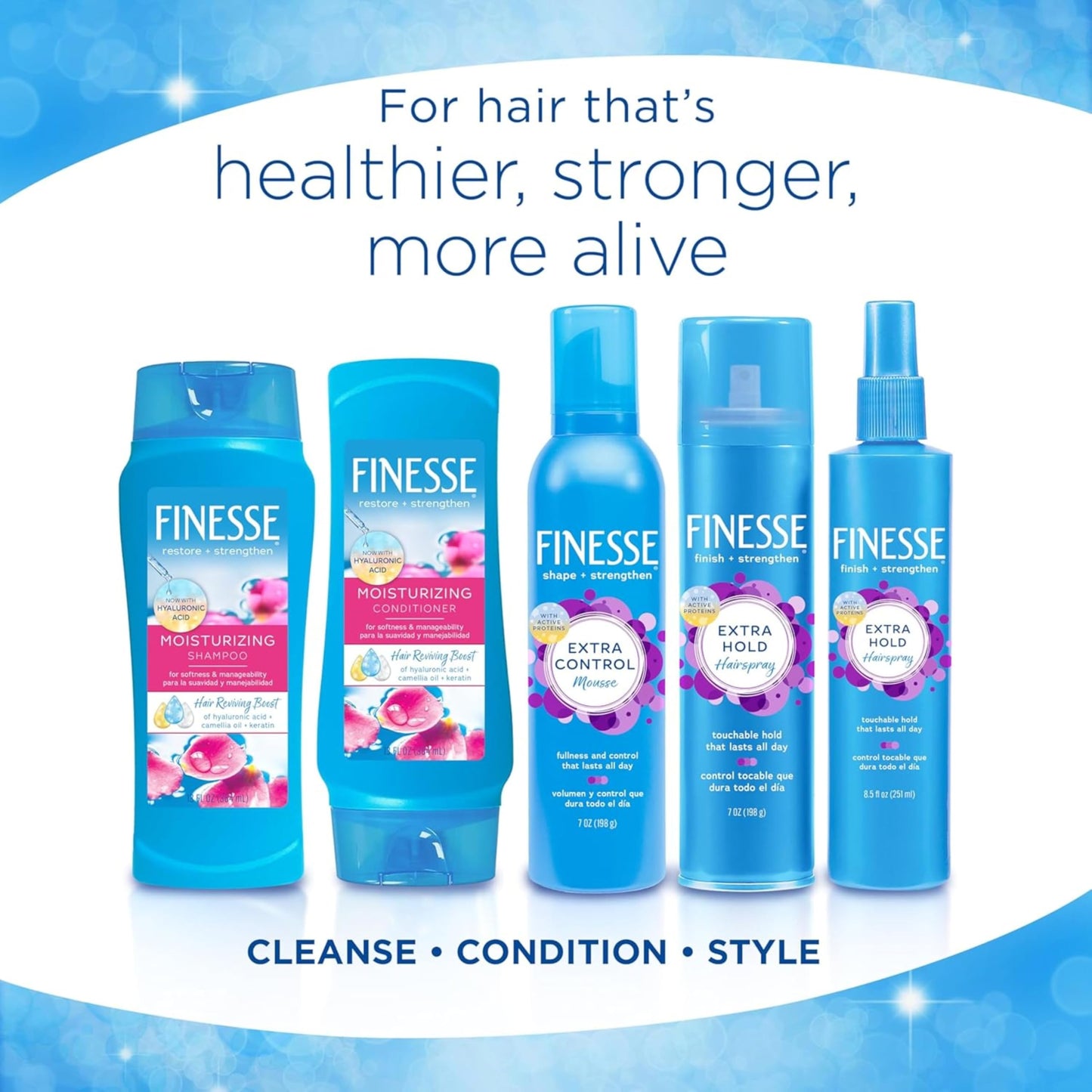 Finesse Moisturizing Shampoo & Conditioner for Men & Women for Dry or Damaged Hair, Made with Hyaluronic Acid, Camellia Oil & Keratin, 13 Fl Oz, 6 Pack