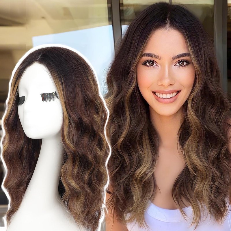 AISI HAIR 18 Inch Brown Highlights Wig - Medium Length Curly Glueless Synthetic Hair for Daily Wear & Cosplay