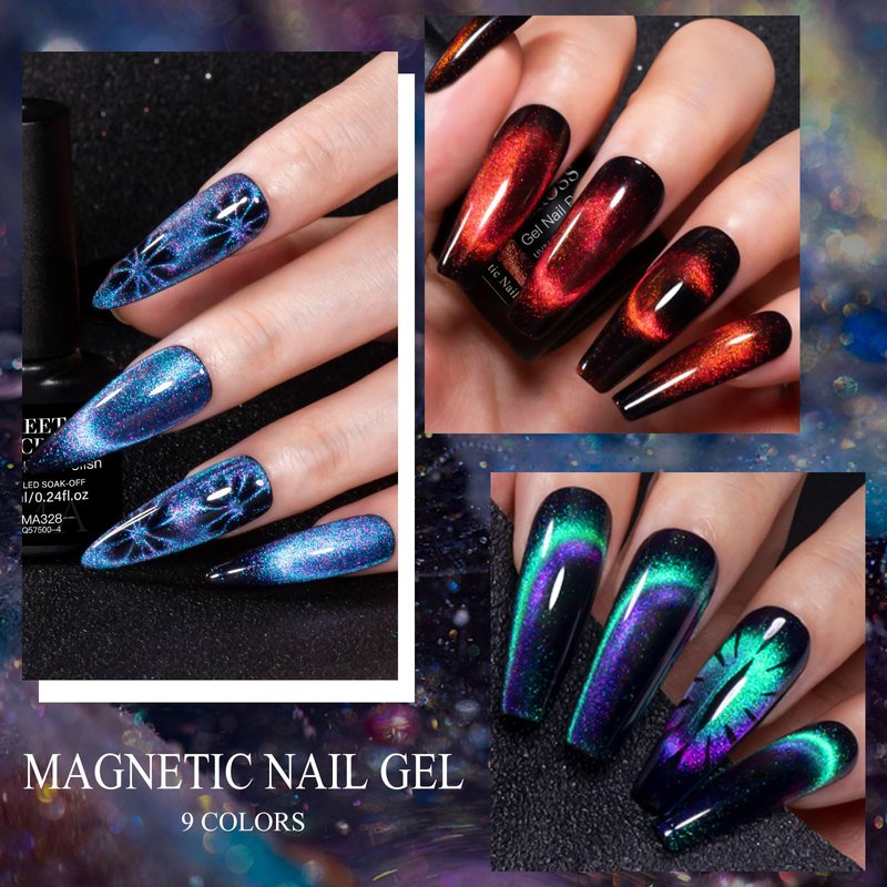 MEET ACROSS 12D Cat Eye Gel Nail Polish Set, Colorful Holographic Cat Eye Glitter Gel Polish Blue Purple Green Nail Gel Polish Kit with Base Top Coat and Magnet Soak Off Nail Art Gel DIY Salon Gift