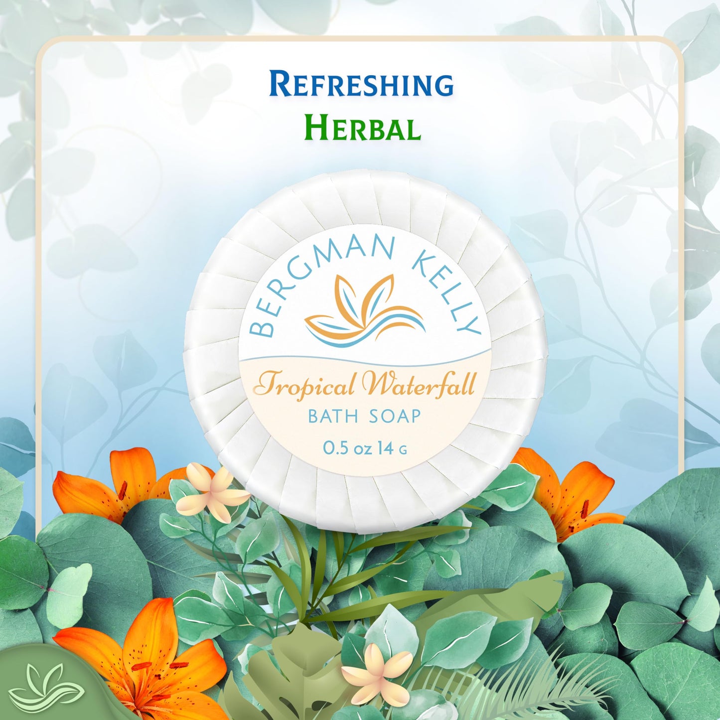 BERGMAN KELLY - Hotel Soap Bars in Bulk - Tropical Waterfall, 0.5 oz, 200 PK - Small Individually Wrapped Round Soap - Travel Size Mini Toiletries for Airbnb, Motel, Guest Bathroom