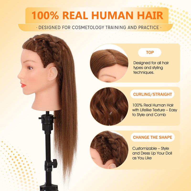 Mannequin Head Human Hair 100% Real Hair Cosmetology Mannequin Head for Practice Braiding Hairstyling Cutting with Tools and Tripod Stand (Dark Brown)
