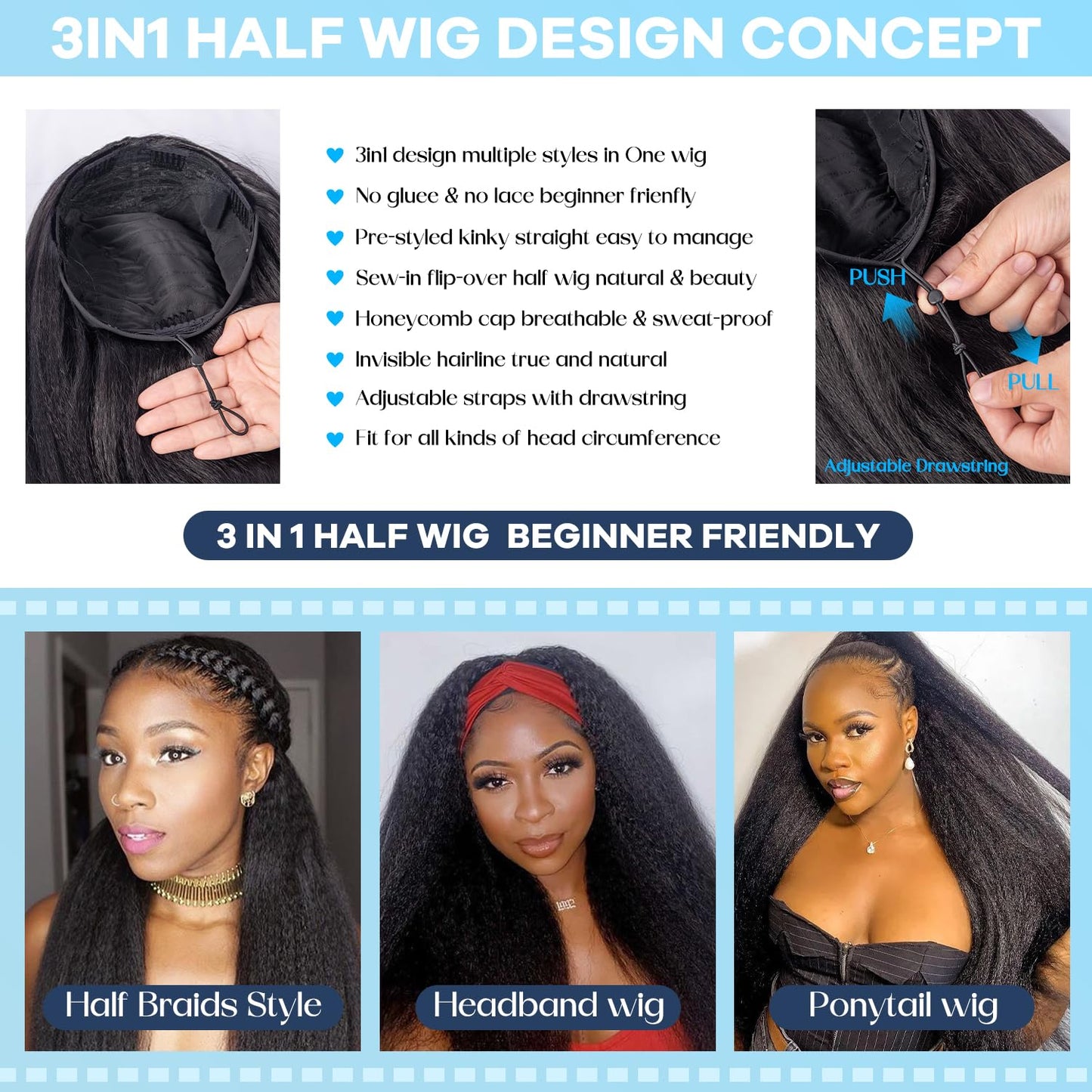 CARA 3 in 1 Half Wig kinky straight, Seamless Flip Over Half Wigs Glueless Wear and Go Beginner Friendly Clip In Hair Drawstring Headband Wig for Women 1B (22inch)