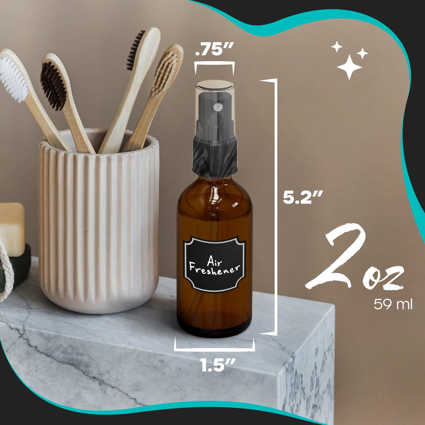 Nevlers Small Spray Bottle 2 Oz 48 Pack | Amber Glass Spray Bottles for Cleaning, Oils, Perfume Alcohol & More | Mist Bottle Set w/Shrink Wrap, Funnel, Brush, Labels & Marker | Small Glass Bottles