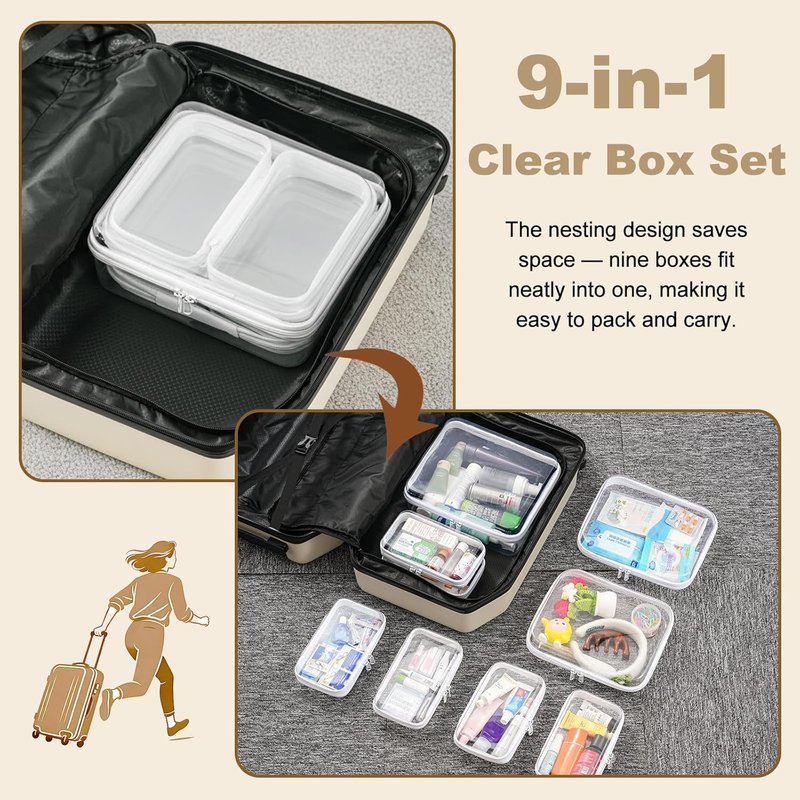 Zipper Pouches Nesting Set - Hard Shell Travel Organizer & Cosmetic Bags | 9 Pcs, Stackable Storage Cases (1 Tall M + 2 M + 6 S)