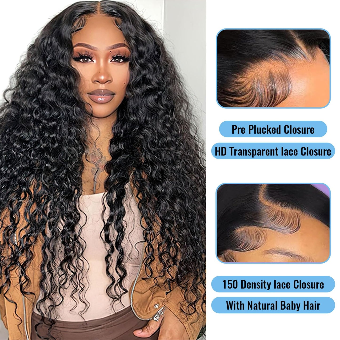 5x5 Deep Wave Lace Closure Human Hair HD Lace Closure Pre Plucked With Baby Hair Free Part 100% Brazilian Virgin Human Hair for Black Women Natural Color 12 Inch