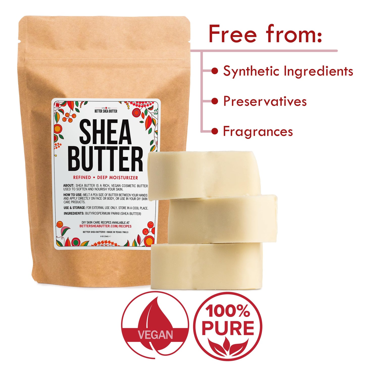 Refined Shea Butter Unscented - 100% Pure African Shea Butter for Hair & Dry Skin - Use for Soap Base, Face & Body Moisturizer, for DIY Whipped Body Butter & Lip Balm 8 oz Bar