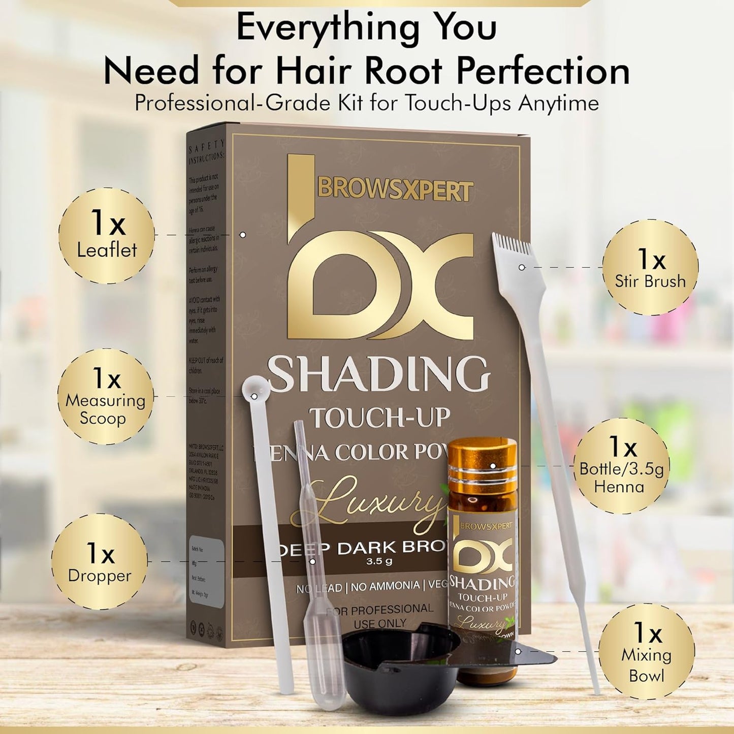**Professional Shading Touch-Up Kit - Herbal Henna Color Powder with Mixing Dish, Stir & Brush | 3.5g | Natural Deep Dark Brown**