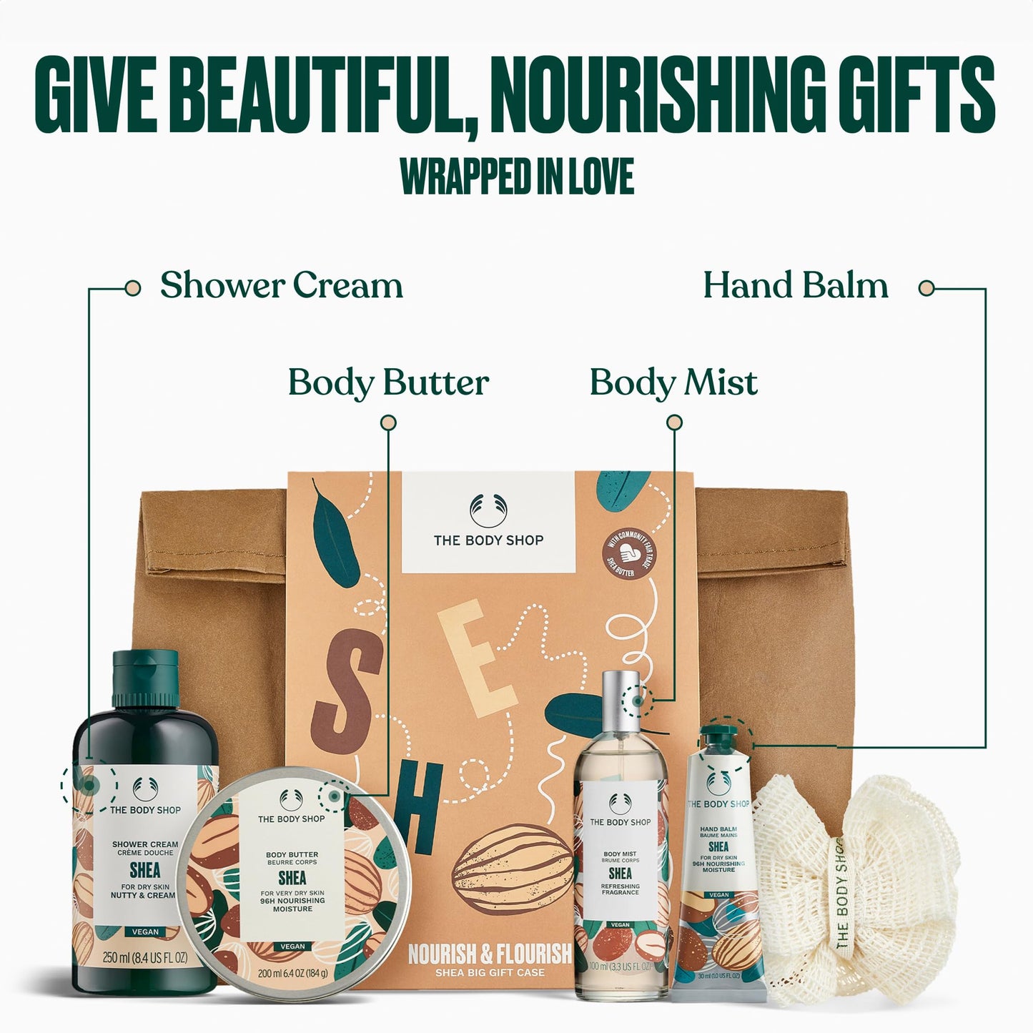 The Body Shop Nourish & Flourish Shea Body Care Gift Set, Vegan, 5-Piece Gift Set