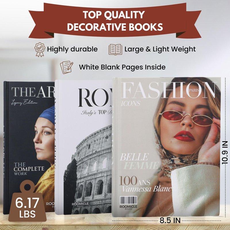 Elegant Decorative Books - Set of 3 Designer Faux/Fake Books for Decoration - Enhance Your Coffee Table, Mantle & Bookshelf Decor - Book Decor Aesthetic Collection - Real Blank Pages Inside