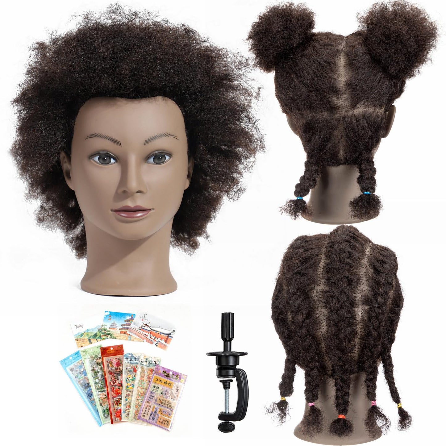 Romance Queen Curly Human Hair Mannequin Head 100% Real Human Hair Female Cosmetology Mannequin Head for Hair Styling Braiding Coloring Cutting Practice Training Doll Head with Clamp Stand(8inch)