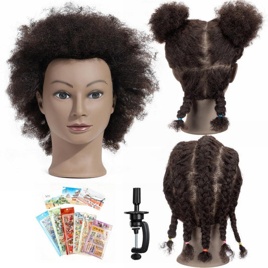 Romance Queen Curly Human Hair Mannequin Head 100% Real Human Hair Female Cosmetology Mannequin Head for Hair Styling Braiding Coloring Cutting Practice Training Doll Head with Clamp Stand(8inch)