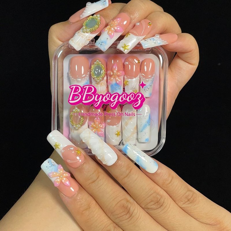 Handmade Press On Nails - Pink 3D Floral & Gold Decor | Medium Long Square Reusable Acrylic Tips (Petal Mirage, Size S)