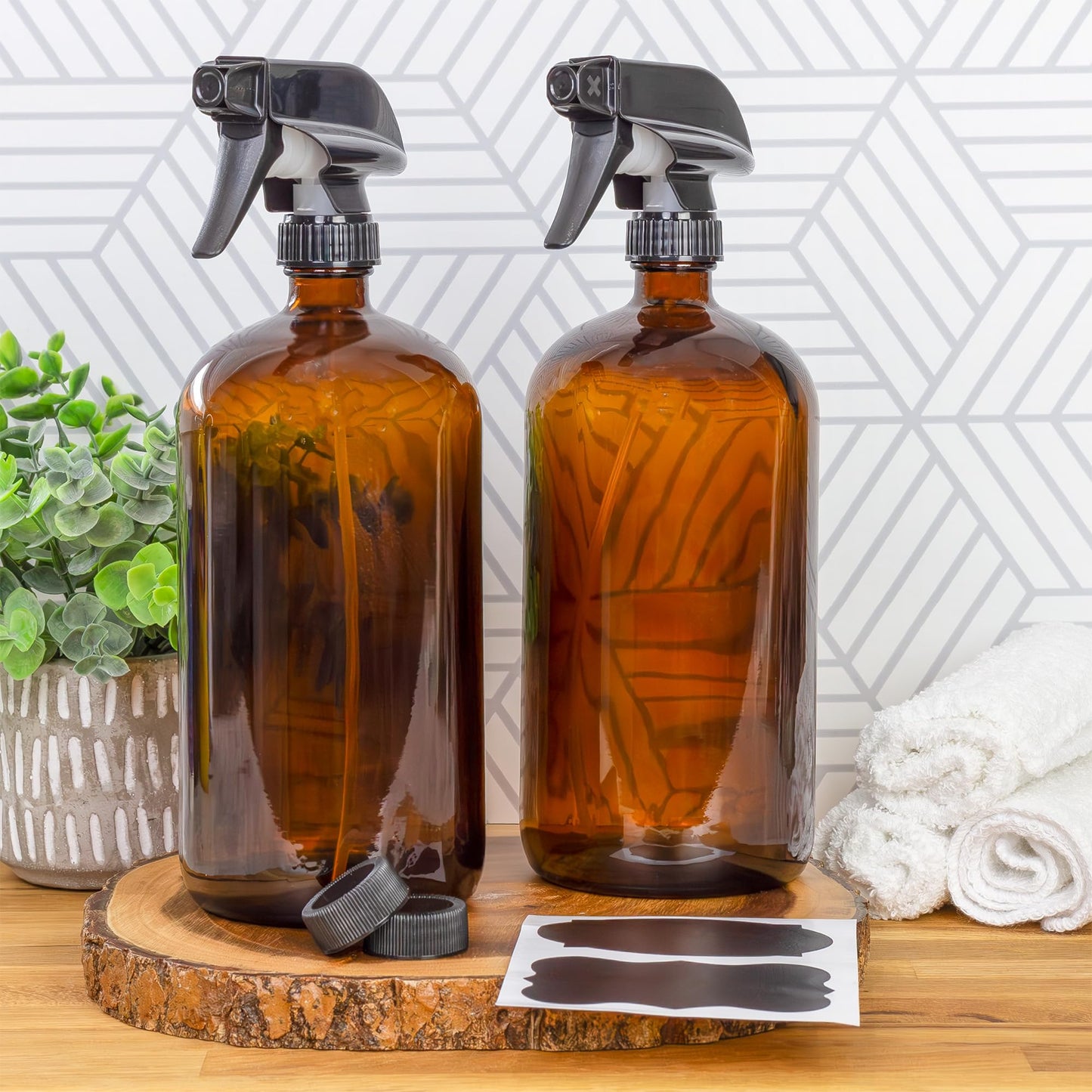Cornucopia Brands 32oz Amber Glass Spray Bottles (Pack of 2) Brown Bottles w/ 3-Setting Trigger Sprayers; Includes Caps for Storage