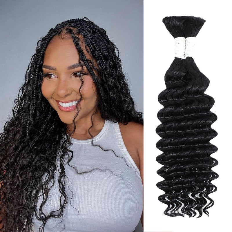 Coolbeeza Human Braiding Hair 16 Inch Deep Water Wave Bulk Human Hair for Braiding 12A Brazilian Virgin Curly Hair for Boho Braids Wet and Wavy No Weft 2 Bundles 100g Hair Extensions
