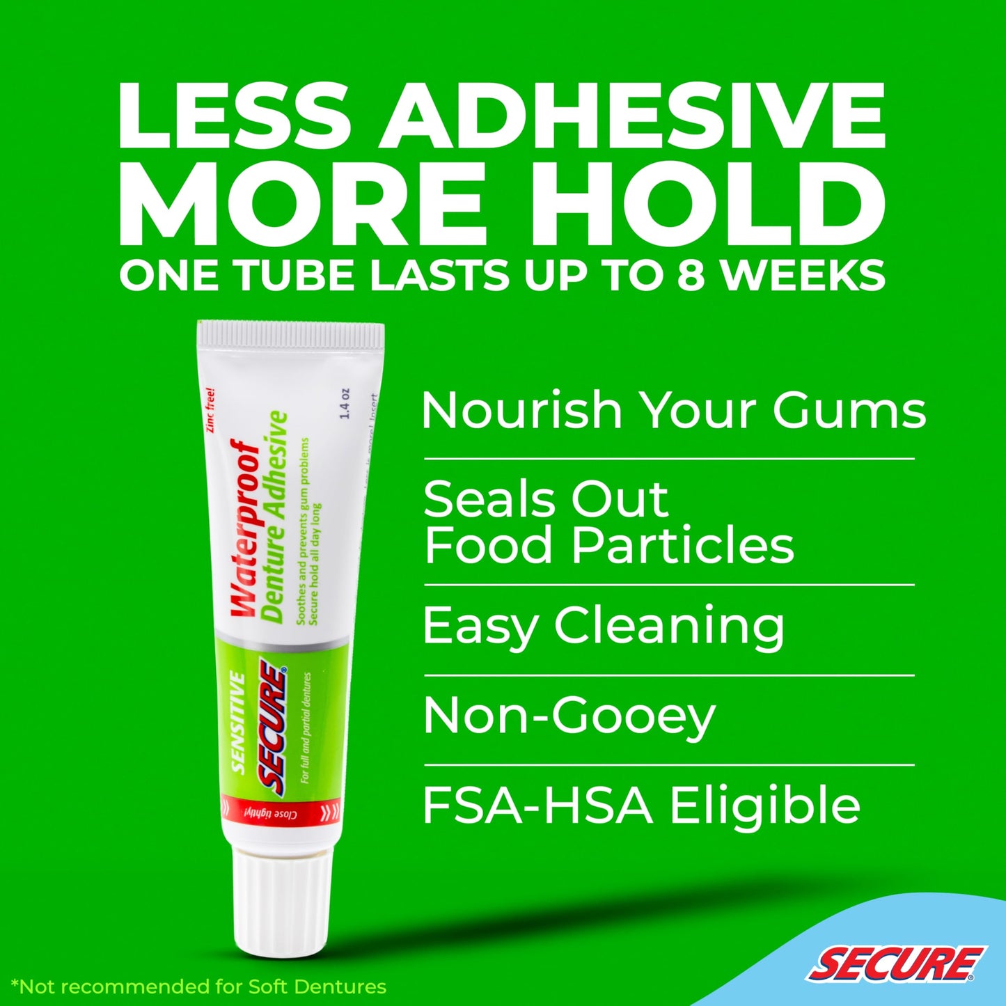 Secure Sensitive Denture Adhesive with Aloe Vera & Myrrh to Nourish Your Gums – Uppers, Lowers & Partials - Waterproof & Zinc Free - Food Grade Ingredients - Less Adhesive, More Hold - 1.4 oz (5 Pack)