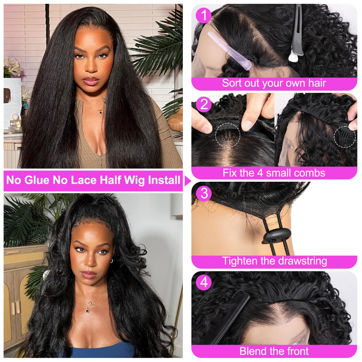 COOKOO Yaki Straight Half Wig Synthetic Hair 3 In 1 Beginner Friendly No Lace Flip Over Half Wigs Drawstring Ponytail Wig Natural Black Glueless Kinky Straight Half Wigs for Women 26 Inch