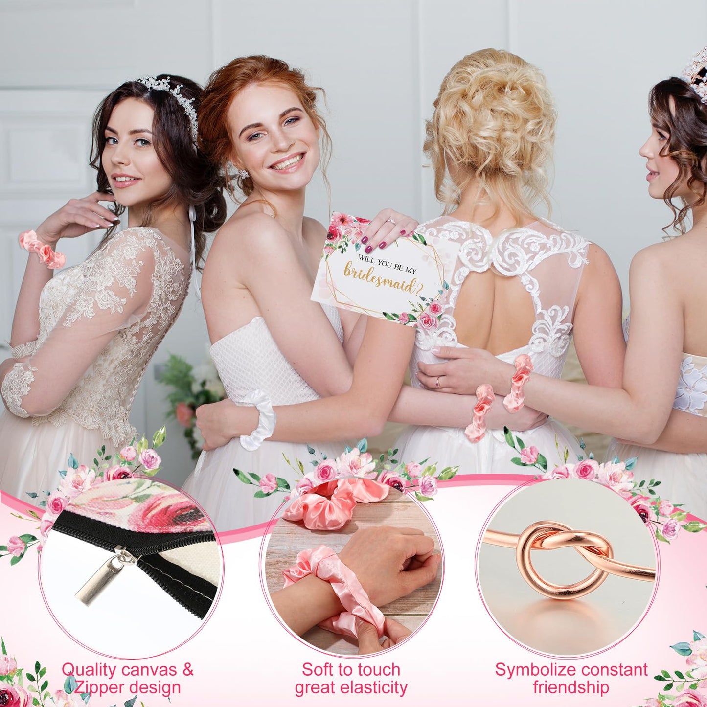 HyDren 35 Pcs Bridesmaid Proposal Gifts Maid of Honor Gift Include Champagne Flutes Makeup Bags Invited Cards Hair Scrunchies Bracelets Diamond Pens for Wedding Bachelorette(Cute Style,Pink)
